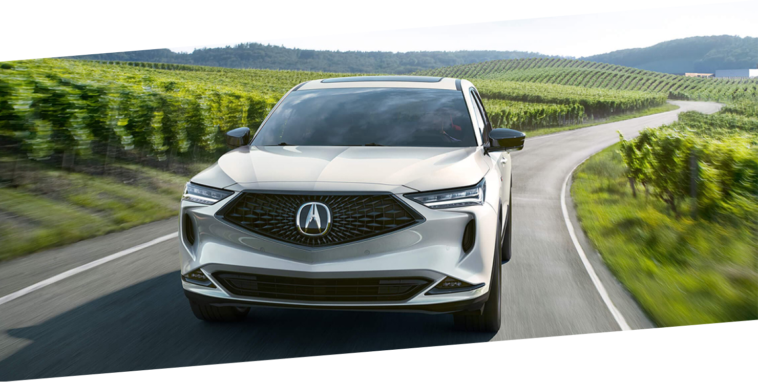 A grey MDX driving down a country road, passing by rows of grapevines.