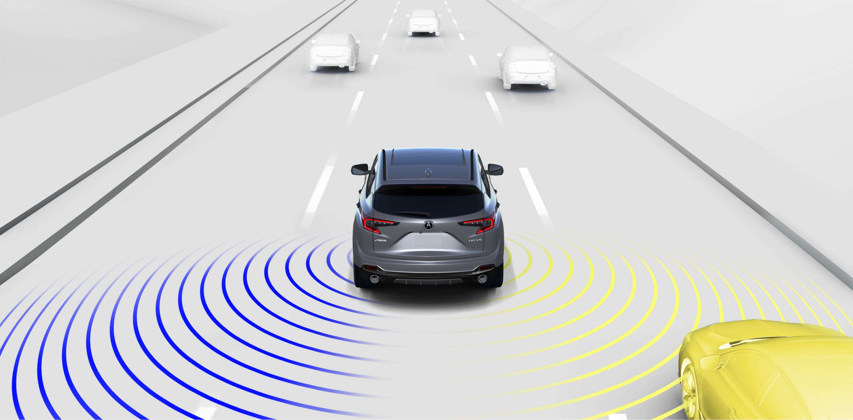 Représentation numérique où tout est blanc sauf le RDX. Vue arrière élargie d’un RDX gris roulant sur une route. Des ondes bleues et jaunes détectent les véhicules en périphérie.
