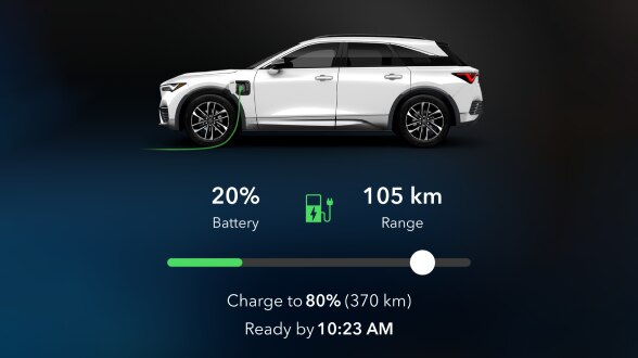 Side view of white ZDX with a green plug in its charging port. A status bar below shows the battery charge and the estimated driving range.