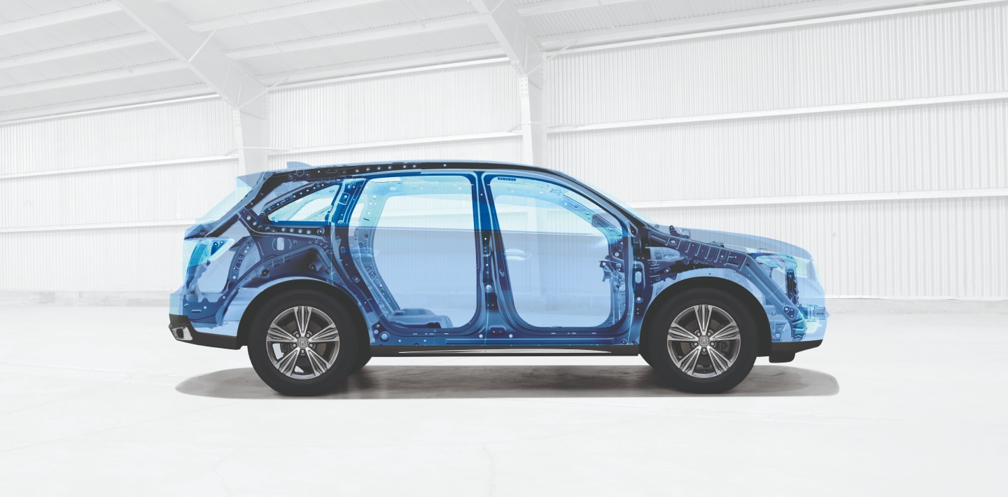 The frame of a blue Acura is shown against a white background.